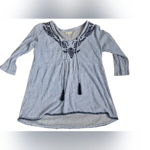 Rubyyaya Striped Tasseled Embroidered Tunic Top With Pom-Pom Hem Detail Size M